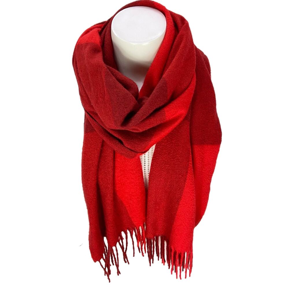 Nina Ricci Pure‎ Cashmere Scarf Fringe Red Burgundy Check Plaid Wrap